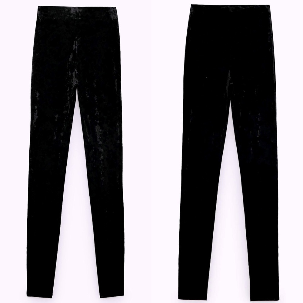 Zara Velvet Skinny Leggings Black Velour Size S BN